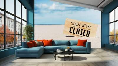 Open sign on tropical sand beach with blue sky background. Summer vacation and travel holiday concept. Wall mural