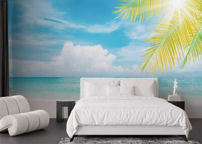 Palm tree on tropical beach with blue sky and white clouds abstract background. Copy space of summer vacation and business travel concept. Wall mural