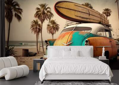 Pastel surfboards on tropical beach. Retro tone color style. Travel vacation concept. Generative AI Wall mural