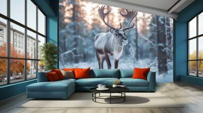 Reindeer at snow forrest background. Animal and nature concept. Generative ai. Wall mural