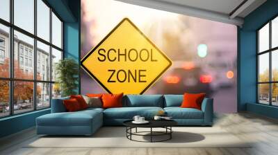 School zone warning sign on blur traffic road with colorful bokeh light abstract background. Wall mural