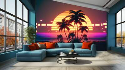 Silhouette palm tree with sun sand and beach retro tone color background. Summer vacation concept. Generative AI Wall mural