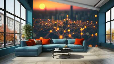 Skyline of city with network internet conection. Technology and comunication concept. Generative AI Wall mural