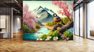 Spring season concept. 3D bird in nature with tree flower river and mountain abstract background. Generative ai Wall mural