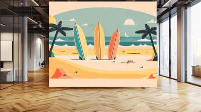 Surfboard on tropical beach abstract background. Graphic illustration design. Generative AI Wall mural