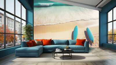 Top view of surfborad on tropical beach background. Sport and summer vacation concept. Generative ai. Wall mural