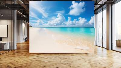 Tropical beach with blue sky and white clouds background. Summer vacation and travel concept. Generative ai. Wall mural