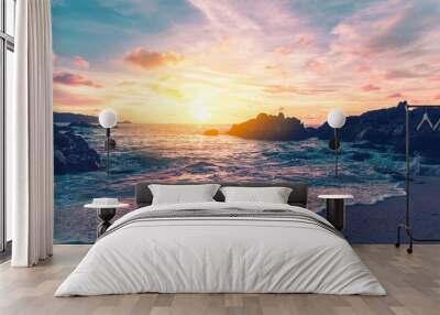 Tropical beach with sunset sky and cloud background. Wall mural