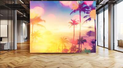 Tropical palm tree with colorful bokeh sun light on sunset sky cloud abstract background. Wall mural