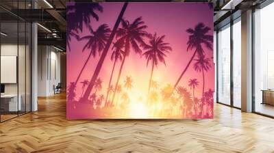 Tropical palm tree with colorful bokeh sun light on sunset sky cloud abstract background. Wall mural