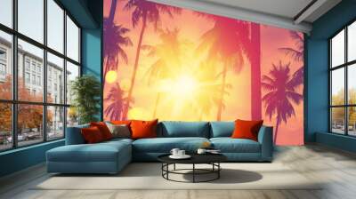 Tropical palm tree with colorful bokeh sun light on sunset sky cloud abstract background. Wall mural