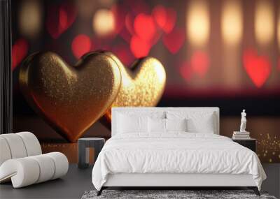 Two gold hearts on glitter luxury room bokeh abstract background. Love and valentine day concept. Generative AI Wall mural