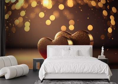 Two gold hearts on glitter luxury room bokeh abstract background. Love and valentine day concept. Generative AI Wall mural