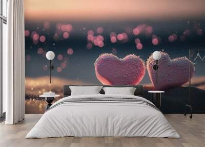 Two pink heart on sunset beach with bokeh light background. Love valentine and nature concept. Generative AI Wall mural