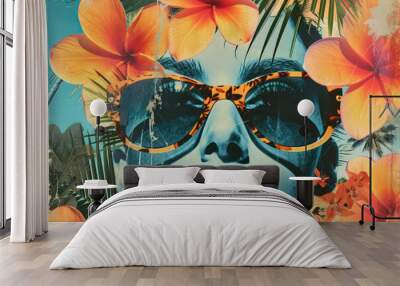 Woman and fashion at tropical beach abstract background. Retro style. Generative ai. Wall mural