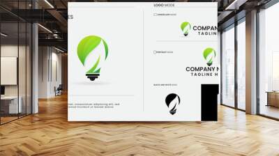 Eco bulb logo design. Natural. Power saving light bulb logo. Business. Leaf. Bulb logo with leaf. Creative. Green colorful template. Modern Wall mural