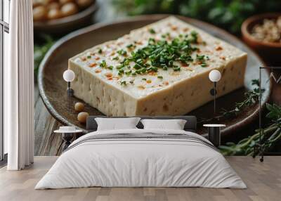 A block of tofu on a plate garnished with chives, surrounded by soybeans, herbs, and spices. Wall mural