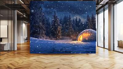 A cozy, glowing igloo nestled amidst a snow-covered forest under a starry night sky, with falling snowflakes. Wall mural