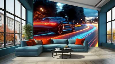 A sleek, black sports car speeds along a winding road at night, illuminated by streaks of blue and orange light. Wall mural