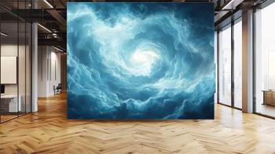 A swirling vortex of clouds with a bright light shining through the center. Wall mural