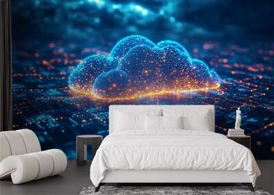 Abstract digital cloud computing concept with glowing particles and circuit board. Wall mural