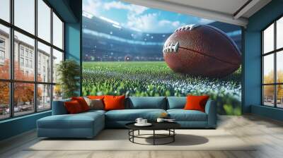 American football on green field in a stadium with blurred background. Wall mural