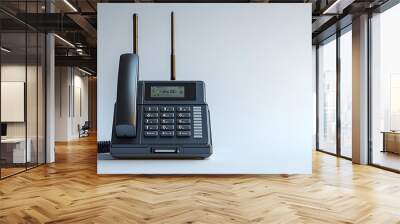 Black corded phone with a digital display and two antennas on a white background. Wall mural