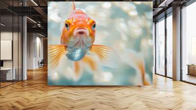 Close-up of a goldfish swimming in a tank with a blurred background. Wall mural