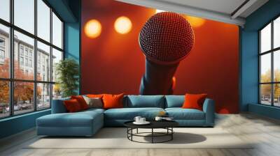 Closeup of a microphone on a stage with warm lighting. Wall mural