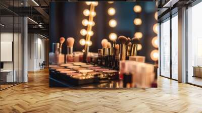 Closeup of makeup brushes, palettes, and bottles on a vanity table with a blurred background of a mirror with string lights. Wall mural