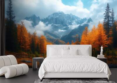 Majestic mountain peak with autumnal forest and river. Wall mural