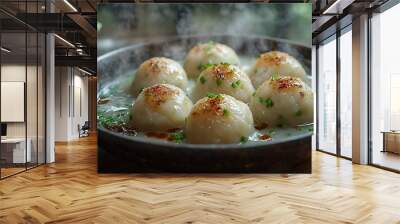 Steaming dumplings in a bowl with broth and chives. Wall mural