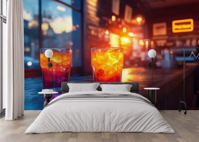 Two glasses of refreshing cocktails with ice on a bar counter with blurred background. Wall mural