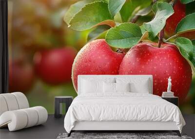 Two red apples hanging from a tree branch in an orchard. Wall mural