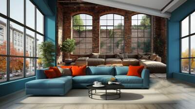 Contemporary loft with exposed brick walls large windows and minimalist furniture industrial style neutral tones 3D rendering Wall mural