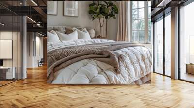 Elegant bedroom minimal decor beige and white color scheme three blank frames cozy bedding Wall mural