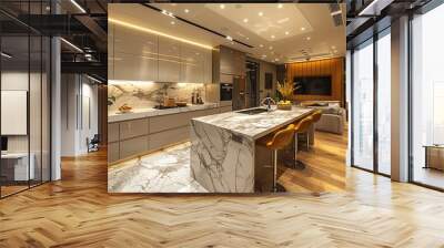 Modern kitchen with marble countertops handleless cabinets and integrated appliances minimalist style soft lighting digital painting Wall mural