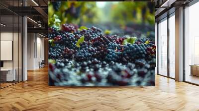 A hyper-realistic photograph of the wine production process, grape harvesting, wine bottling, and grape cultivation, 8K resolution, shot on professional DSLR camera, shallow depth of field,  Wall mural