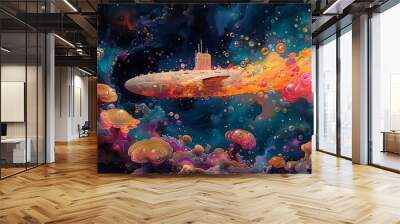 A psychedelic art piece featuring a submarine surrounded by swirling colors and patterns, creating a surreal underwater dreamscape.  Wall mural