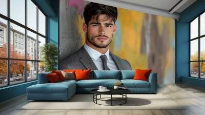 Stylish young man in a modern urban setting, wearing a tailored suit, leaning against a graffiti-covered wall, with a confident expression, embodying contemporary fashion and city life  Wall mural