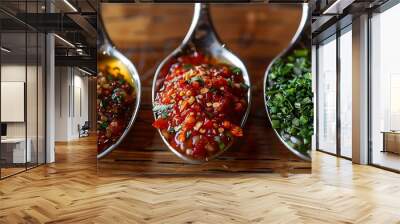 Three photos of different types of Thai fish sauce in silver spoons, one with white sugar and the other two have green and red seasonings on top. The photography shows bright colors with high  Wall mural