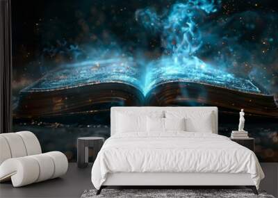 A blue digital book shines with rays and particles against a black backdrop, showcasing the future of global online education through study, science, and cutting-edge technology like generative AI. Wall mural