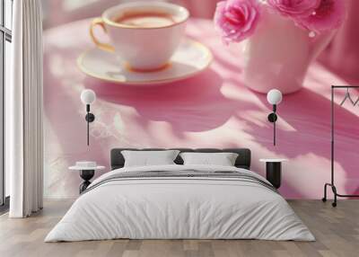 A delicate tea cup with golden rim on pink table, accompanied by a vase of blooming roses, creating a serene and elegant atmosphere. Wall mural