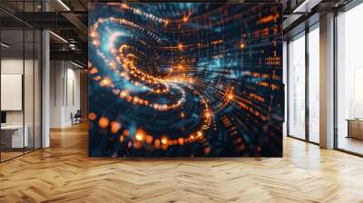 A digital Fibonacci spiral displayed in a futuristic financial research facility, visually capturing changing market dynamics and trends through its intricate design. Wall mural