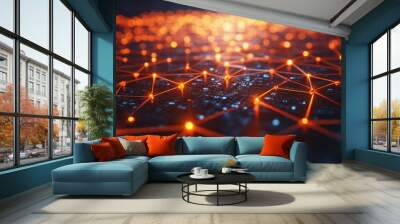 A glowing network of interconnected nodes and lines on a dark background, representing blockchain, technology, digital connections, and futuristic data exchanges. Wall mural