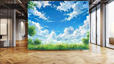 A manga-inspired drawing featuring a serene summer sky filled with fluffy cumulus and nimbus clouds. Wall mural