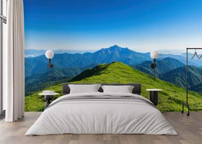 A picturesque view of a lush green mountain range under a clear blue sky, perfect for nature lovers and outdoor enthusiasts capturing serene landscapes. Wall mural