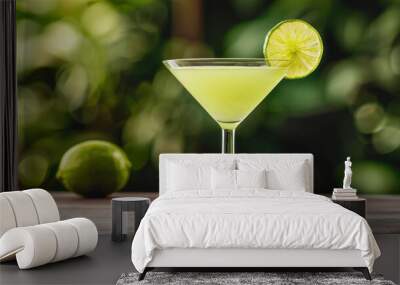 A refreshing green cocktail garnished with a lime slice in a martini glass, set against a blurred natural background. Perfect for summer vibes and celebrations. Wall mural