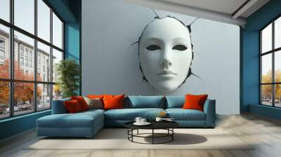 A striking white mask emerging from a cracked wall, symbolizing transformation and hidden emotions. Ideal for art, psychology, and creativity themes. Wall mural