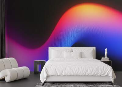 A vibrant abstract wave of colorful light lines flowing gracefully, creating a dynamic and modern visual effect against a dark background. Wall mural